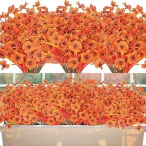 Artificial Fall Flowers for Outdoors, 20 Bundles Faux Plants No Fade Plastic Shrubs Autumn Decor Farmhouse Home Garden Thanksgiving (Fall Orange)