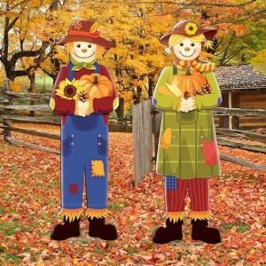 2 Pcs Fall Thanksgiving Scarecrow Yard Stakes Metal Set 31.5 inch Large Fall Harvest Outdoor Decorations Autumn Lawn Metal Scarecrow Garden Stake for Home Patio Holiday Party Decor