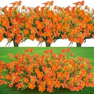 Krissing 8 Pcs Fall Artificial Outdoors Flowers,UV Resistant Fake Fall Plastic Flowers Fuax Fall Shrubs for Outdoors Autumn Home Garden Porch Window Box Thanksgiving Fall Outdoor Decor (Orange)
